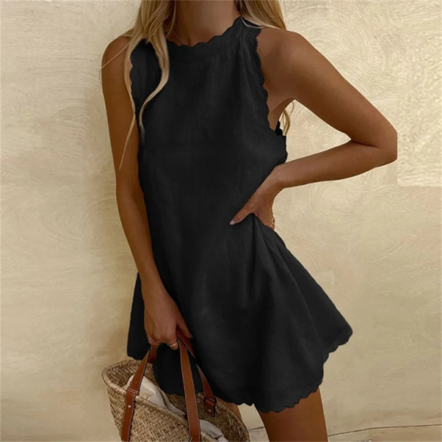 Robe courte Femme Lin Sans manches Finitions ondulées