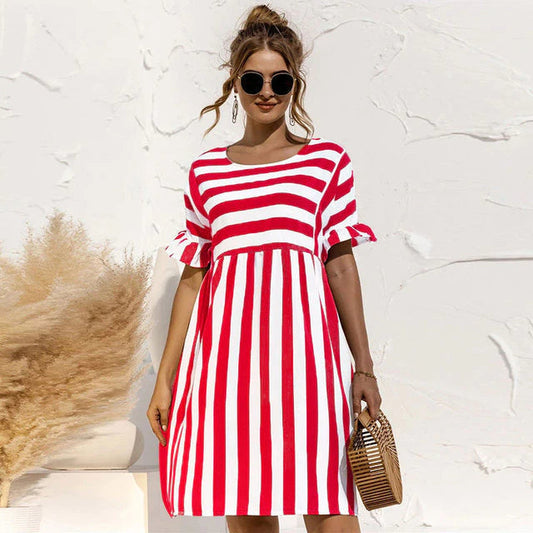Robe Été Rayée Manches Courtes avec Poches - PanierRoyale