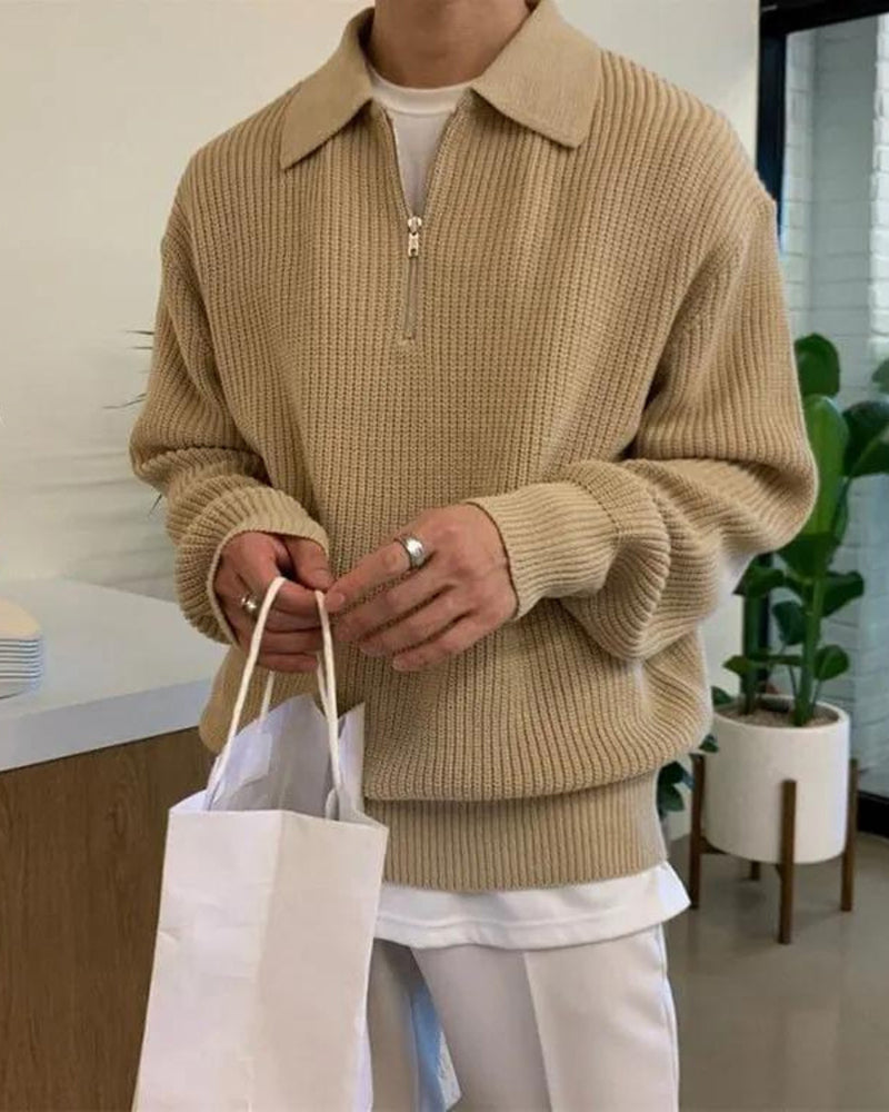Pull Homme Col Polo en Maille Côtelée Chaud et Confortable