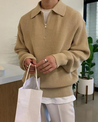 Pull Homme Col Polo en Maille Côtelée Chaud et Confortable