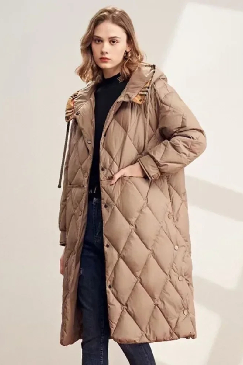 Manteau femme long à capuche avec doublure chauffante