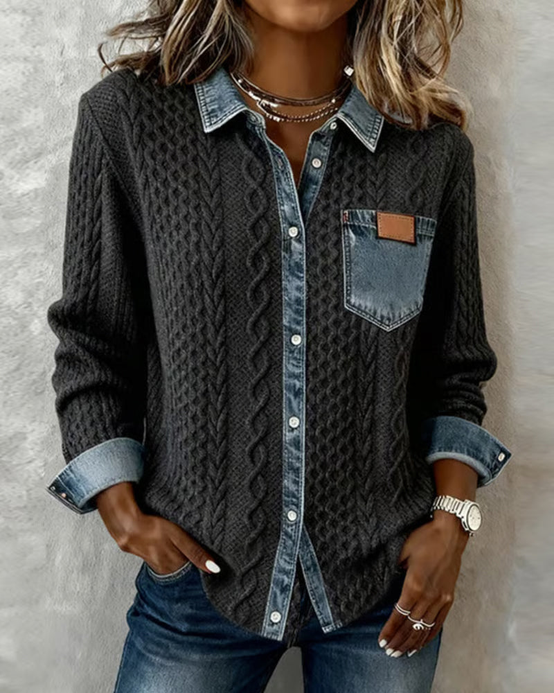 Chemise Femme Maille Torsadée Détails Denim Coupe Confortable - PanierRoyale