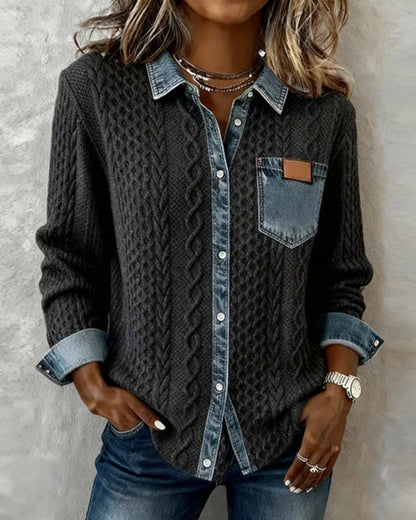 Chemise Femme Maille Torsadée Détails Denim Coupe Confortable - PanierRoyale