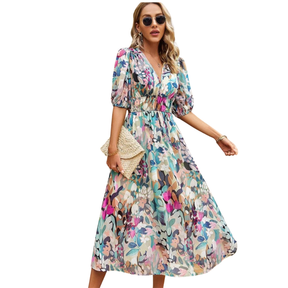 Robe Été Floral Col V avec Manches Courtes