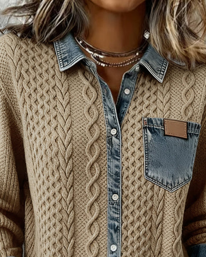 Chemise Femme Maille Torsadée Détails Denim Coupe Confortable