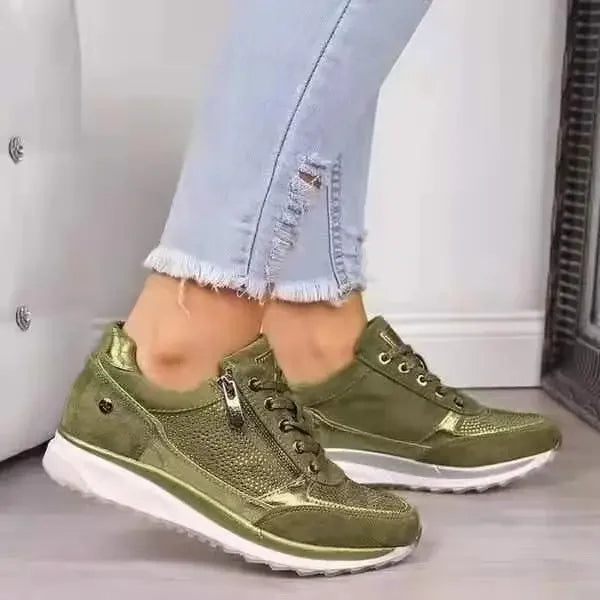 Baskets Femme Gris Clair à Lacets et Fermeture Éclair
