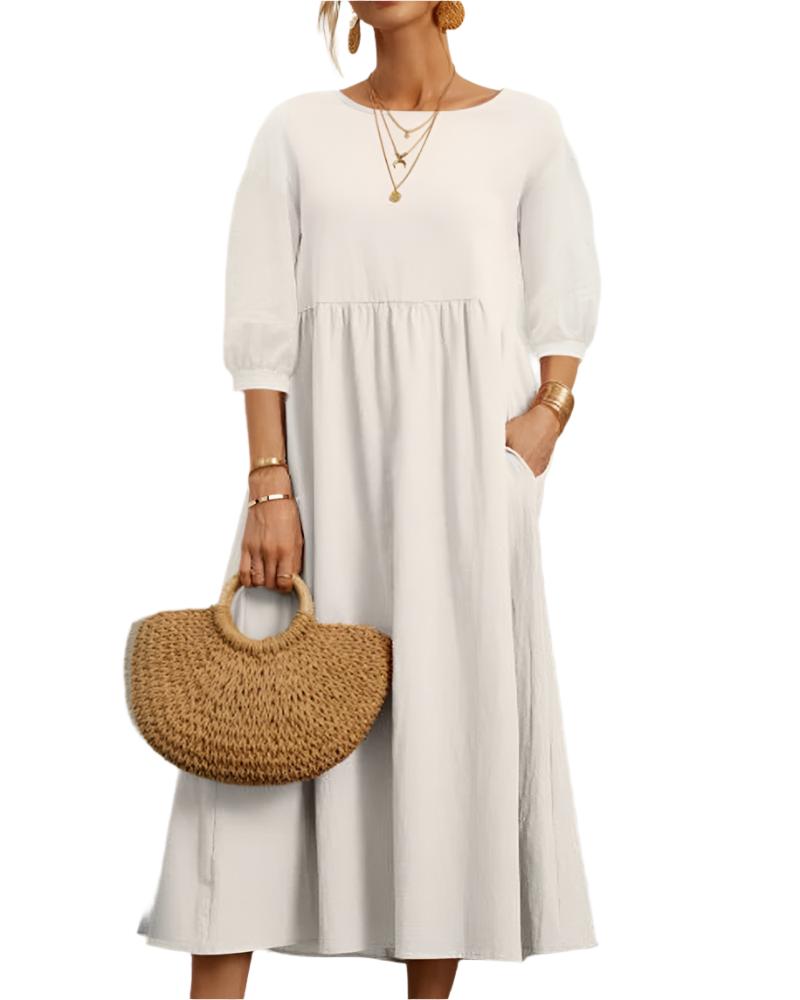 Robe Femme Été en Coton Léger, Col Rond et Manches Courtes