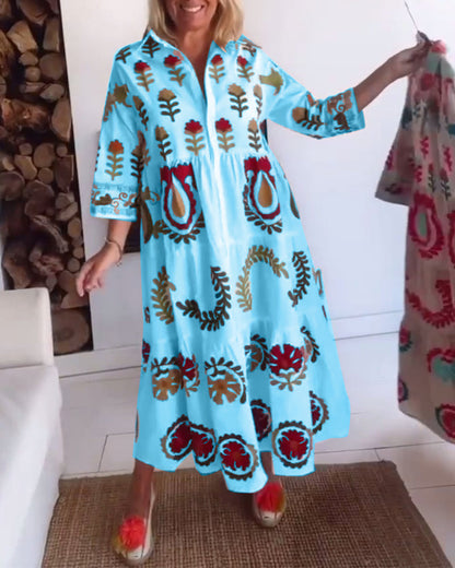 Robe midi Femme Fluide Imprimé Floral Col Revers Manches Courtes