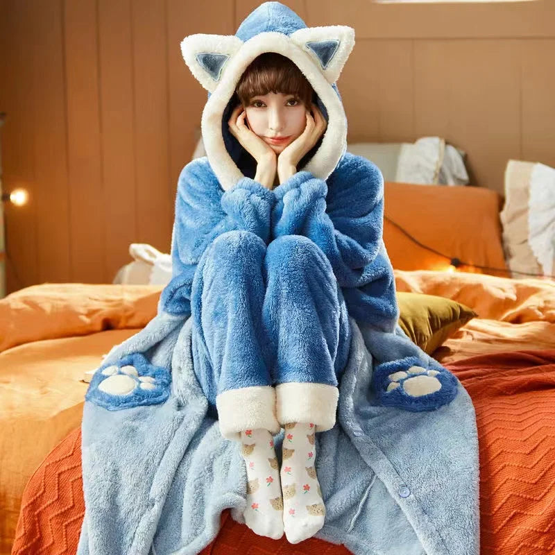 Pyjama Femme Hiver Doux et Confortable avec Capuche
