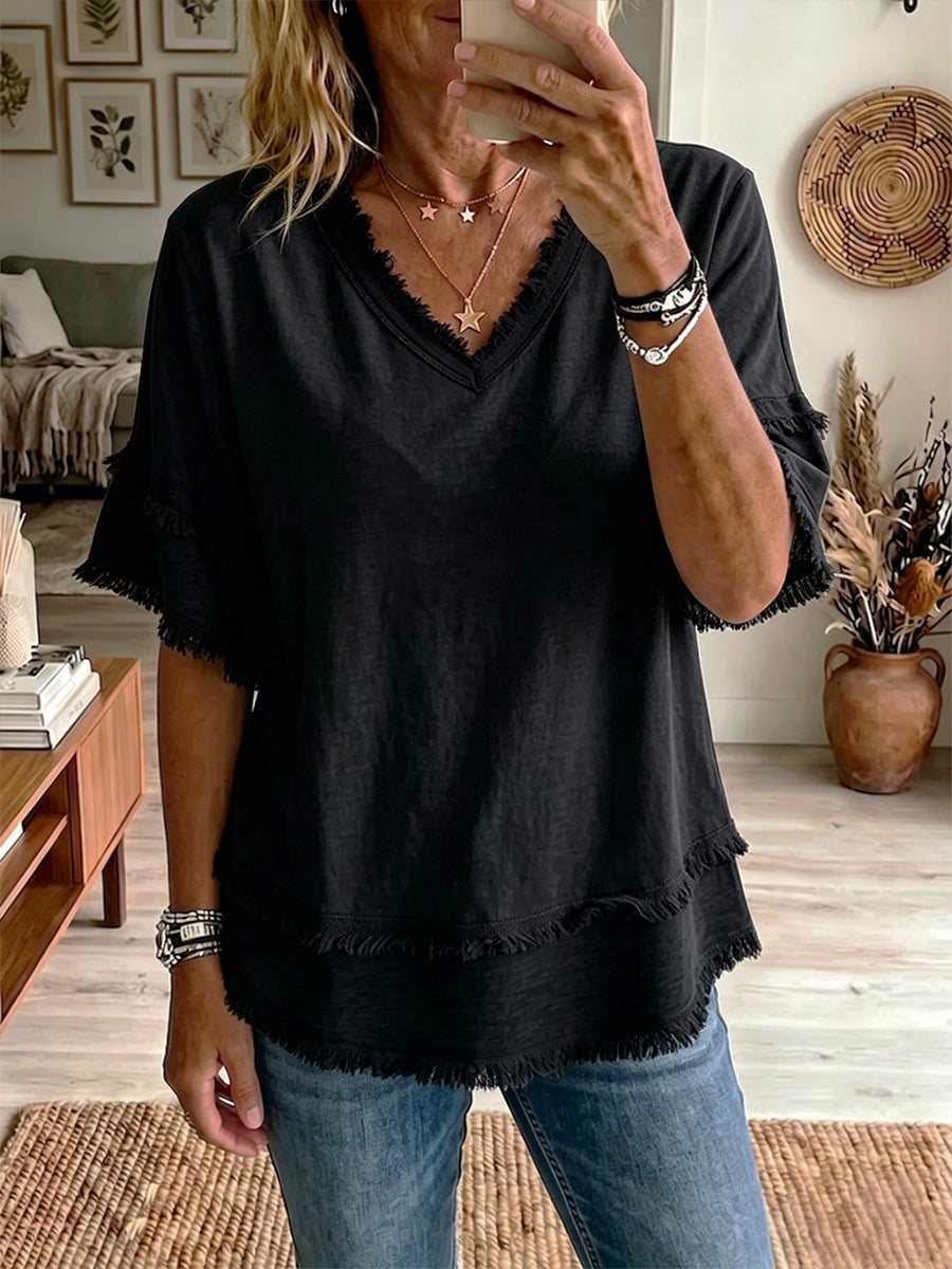 Haut Femme Lin Col en V Coupe Décontractée