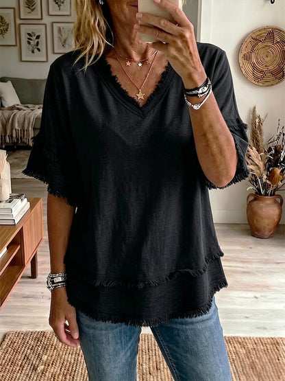 Haut Femme Lin Col en V Coupe Décontractée