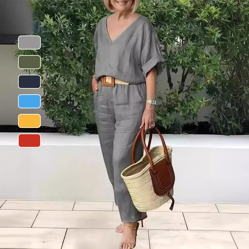 Ensemble Femme Col en V Pantalon Ample Coupe Décontractée