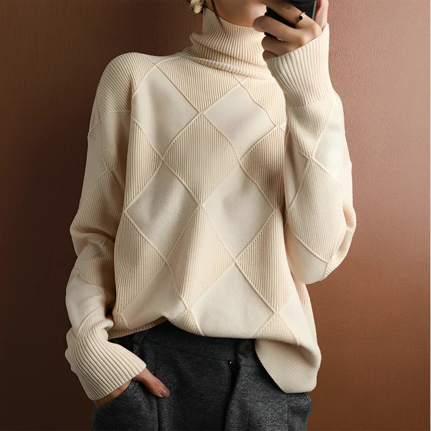 Pull Femme Col Rond en Laine Douce Brun - PanierRoyale