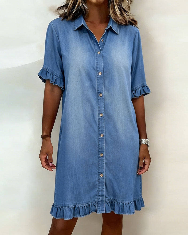 Robe Femme Denim Confortable Boutons et Volants - PanierRoyale
