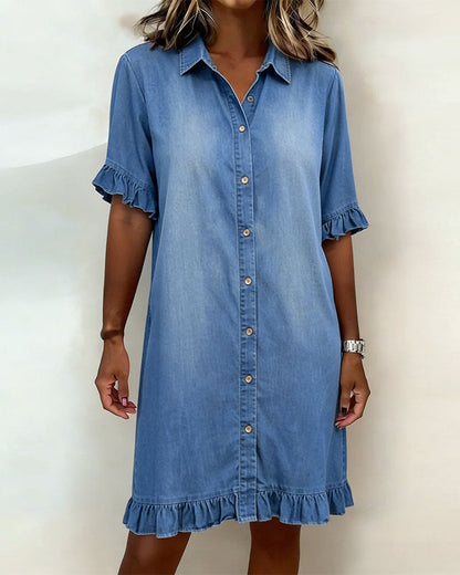 Robe Femme Denim Confortable Boutons et Volants - PanierRoyale