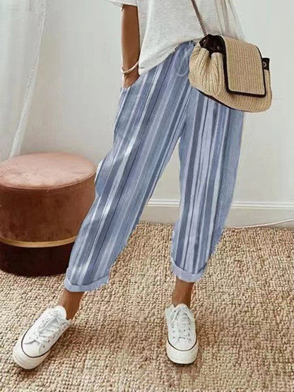 Pantalon femme rayé décontracté coton confortable