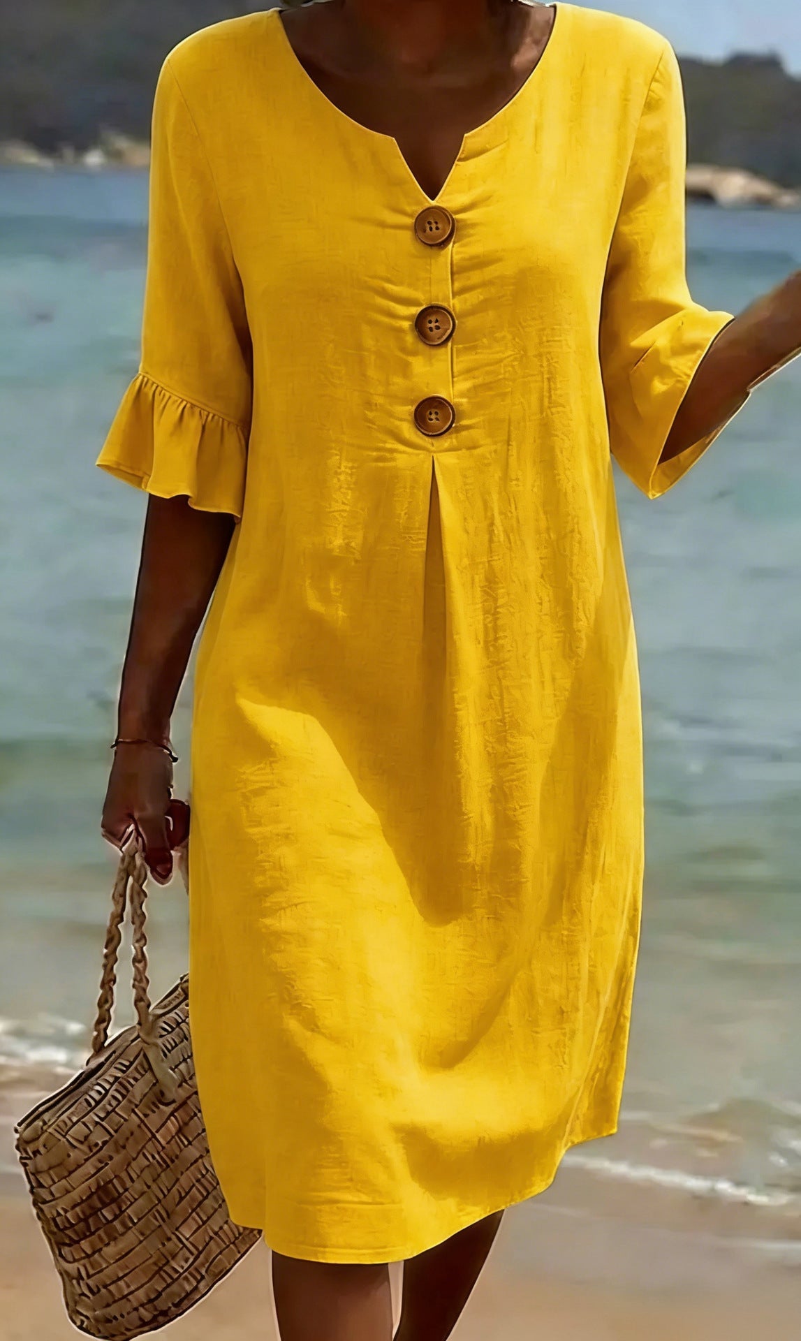 Robe Femme Coton Lin Boutonnée Manches Volantées Estivale