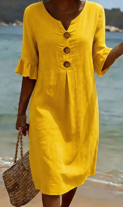 Robe Femme Coton Lin Boutonnée Manches Volantées Estivale