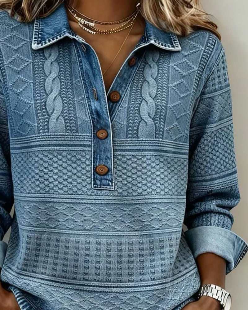 Haut Femme Maille Effet Denim Col Polo Coupe Décontractée