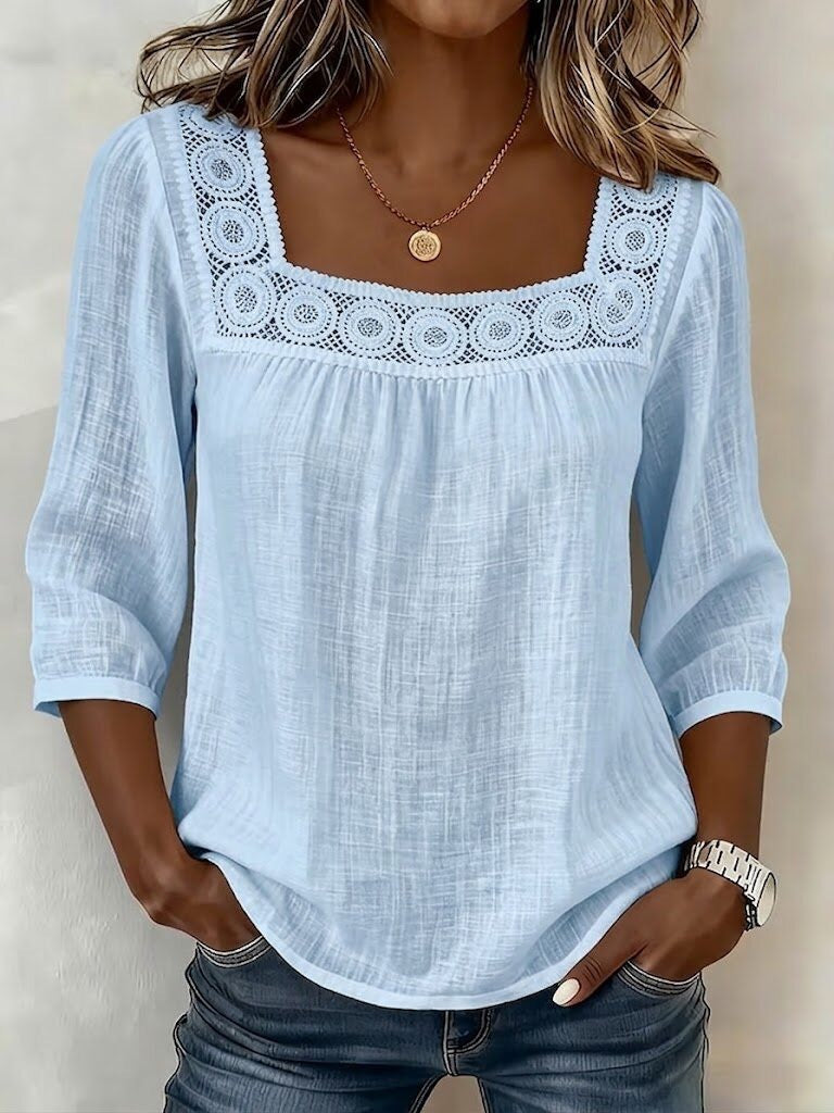 Blouse Femme Coton Lin Décolleté Carré Dentelle Raffinée
