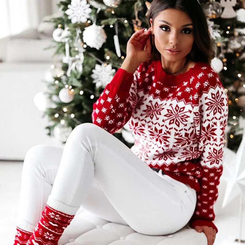 Pull Femme Hiver Rouge et Blanc à Motifs Étoilés - PanierRoyale