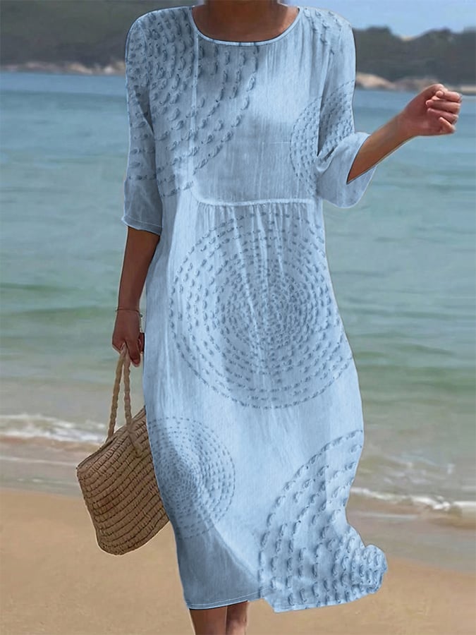 Robe midi Femme Coton Lin Fluide Manches Courtes Décontractée