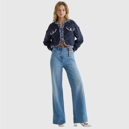Jean femme taille haute confort et décontracté avec poches