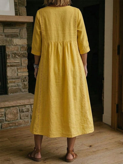 Robe Femme Coton Lin avec Dentelle Col en V