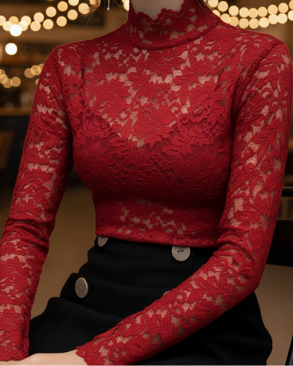 Blouse Femme en Dentelle pour Printemps avec Col Montant