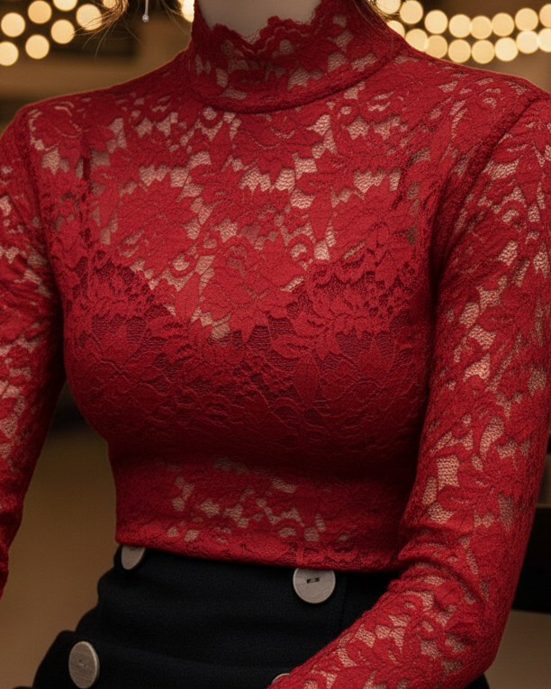 Blouse Femme en Dentelle pour Printemps avec Col Montant