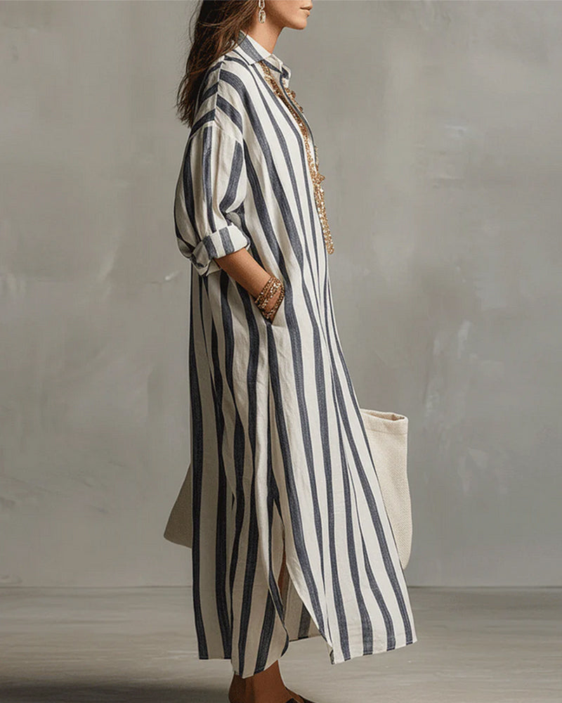 Robe maxi Femme Fluide Col Revers Manches Longues Style Décontracté