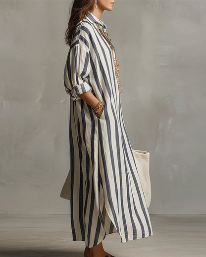 Robe maxi Femme Fluide Col Revers Manches Longues Style Décontracté