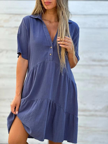 Robe Courte Femme Lin Coton Coupe Ample Col V Boutonnée