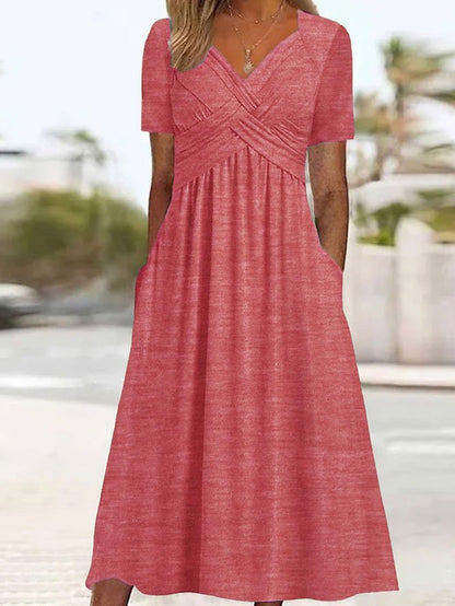Robe longue Femme Col en V Fluide Manches Courtes Poches