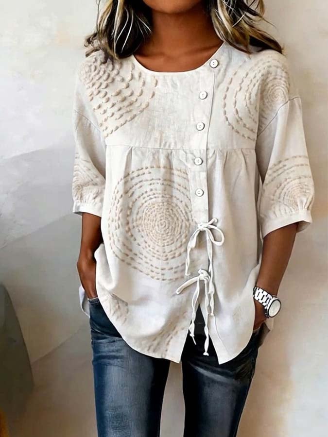 Chemise Femme Coton Imprimé Boutons Asymétriques Coupe Décontractée