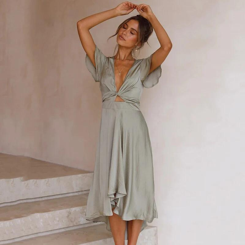 Robe Femme Midi Élégante Rose avec Volants et Décolleté