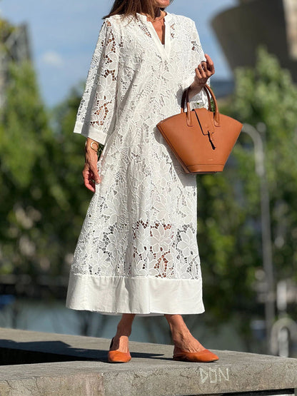 Robe Chic en Dentelle à Manches Longues et Col Montant