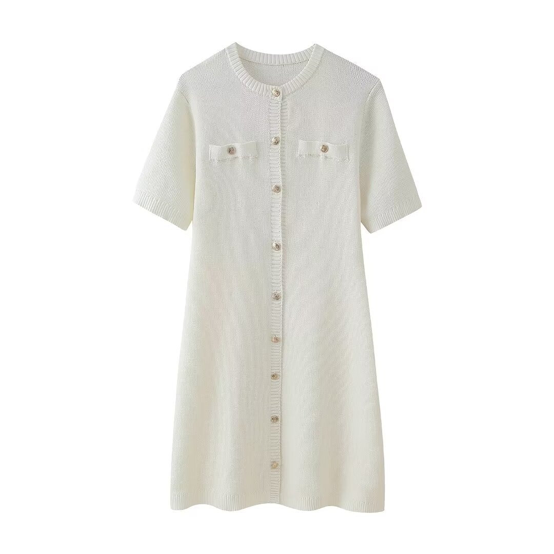 Robe Courte Femme Manches Courtes Boutons Décolleté Élégant