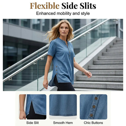 Tunique Femme Denim Léger Manches Courtes Boutons Décoratifs