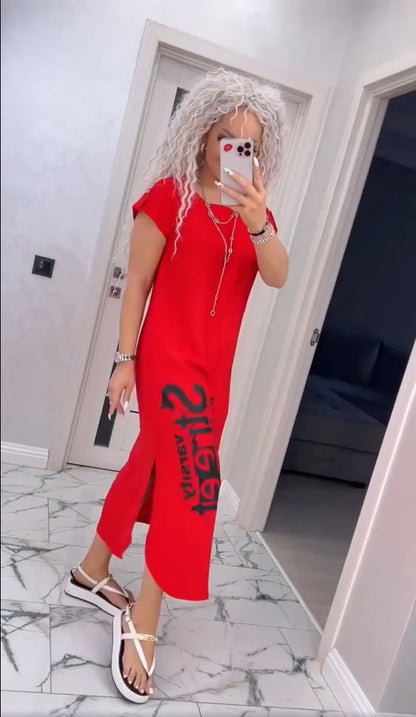 Robe Femme Coupe Ample Col Rond Imprimé Lettres Fente