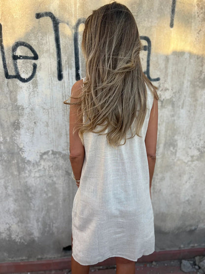Robe Femme Coton Lin Coupe Ajustée Col V Manches Longues