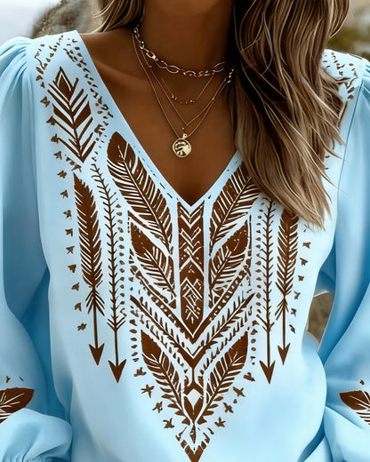 Blouse Femme Coton Décolleté en V Manches Bouffantes