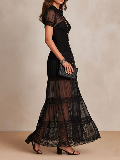 Robe maxi Femme Dentelle Boutons Panneaux Transparence