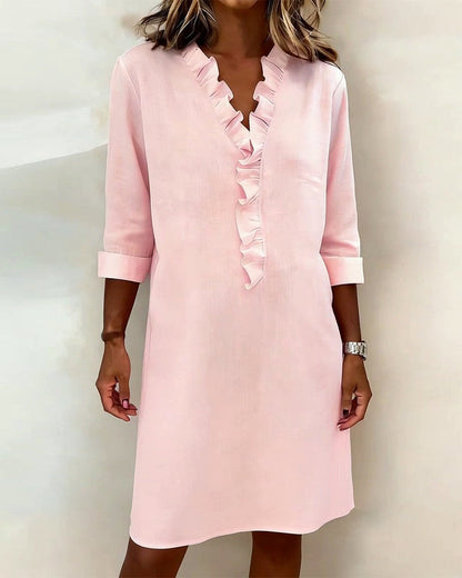 Robe Femme Col en V Volants Coupe Droite Décontractée