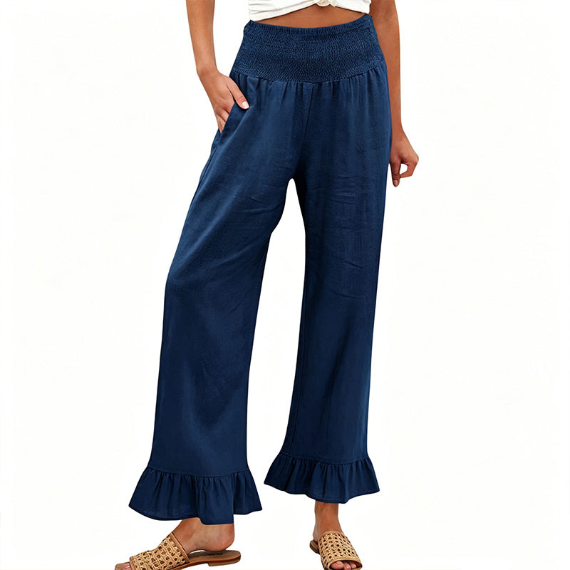 Pantalon Large Femme Coton Lin Taille Smock Volants Bas Boho