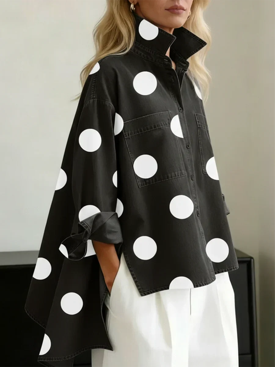 Haut Femme Coton Oversize Col Structuré Manches Longues