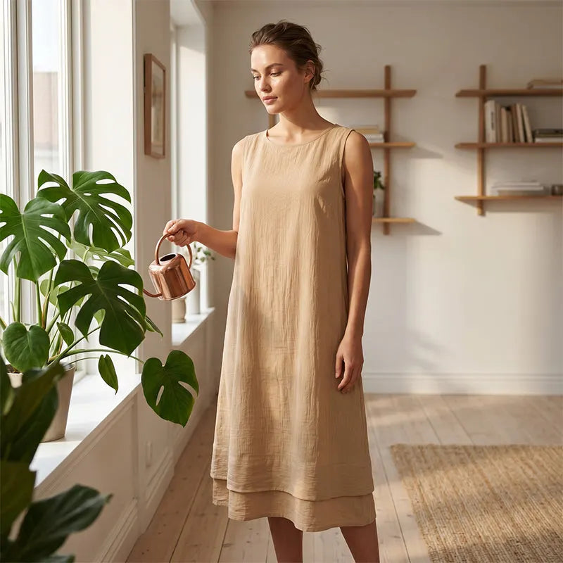 Robe midi Femme Sans Manches Volants Coupe Aline