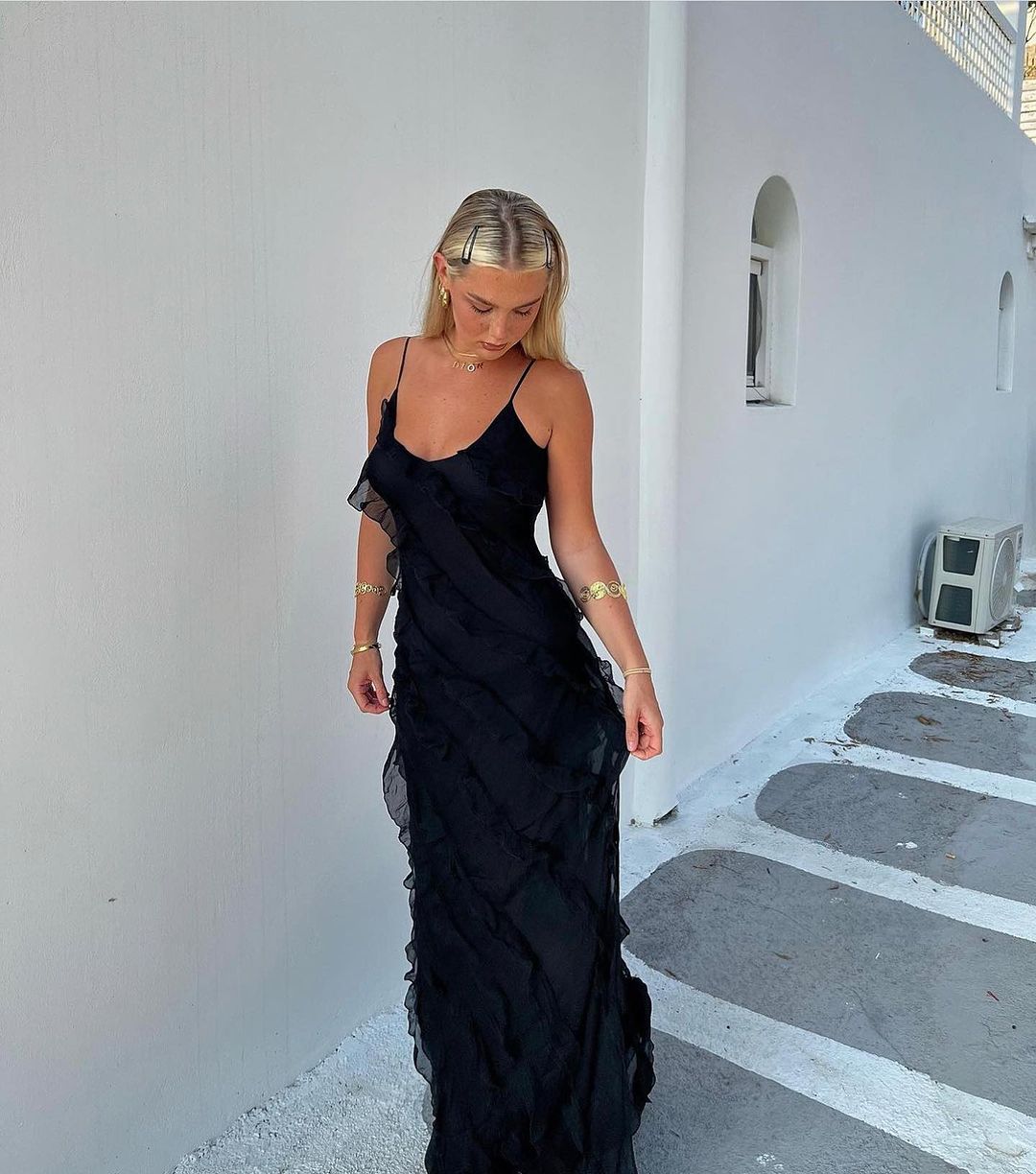 Robe du Soir Évasée avec Ruches et Bretelles Fines