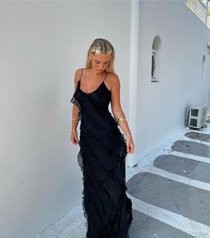 Robe du Soir Évasée avec Ruches et Bretelles Fines