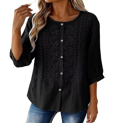 Blouse Femme Coton Lin Brodée Manches Longues